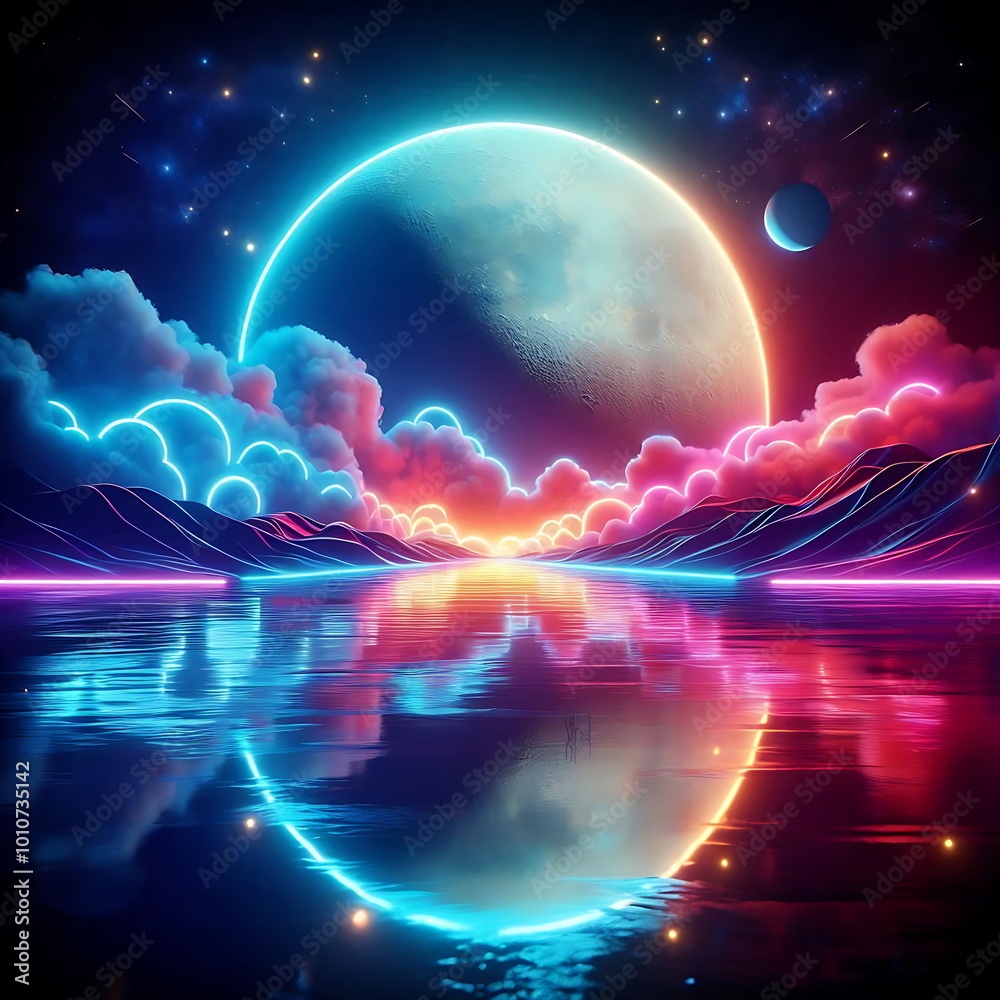 Obraz premium Neon Light Art - Colorful Moonlit Landscape with Clouds and Sea – Great for Posters, Home Decor, Music Cover Art, and Vibrant Wallpaper 