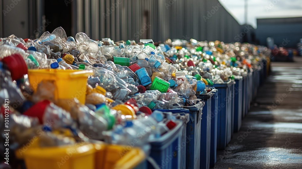 Rows of colorful containers filled with plastic waste highlight the importance of recycling and waste management in industrial areas, promoting sustainable practices. Rows of colorful containers filled with plastic waste highlight the importance of recycling and waste management in industrial areas, promoting sustainable practices.