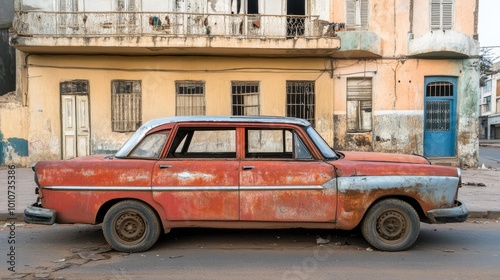 A rusty red vintage car is parked in front of an old apartment building with faded paint.