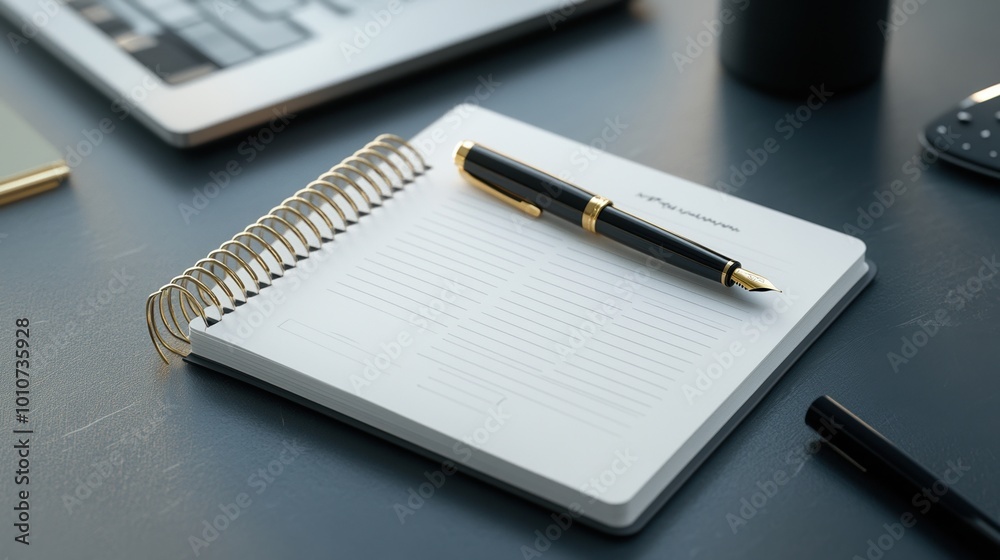 Notebook with pen on desk, workspace setup for creativity and productivity. Notebook with pen on desk, workspace setup for creativity and productivity.