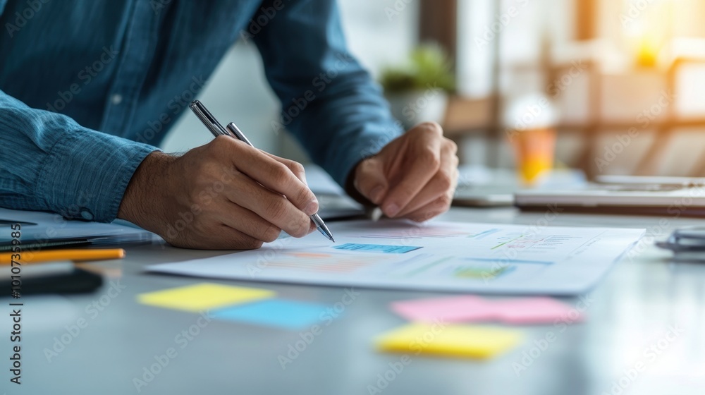 Person analyzing charts and notes in a bright workspace during a meeting. Person analyzing charts and notes in a bright workspace during a meeting.