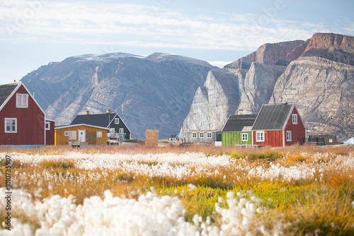Panoramic view of colorful village in East Greenland.
Houses in the small village during summer sunny day. Icebergs and mountains in the background. Typical buildings for Greenland. Romantic landscape photo