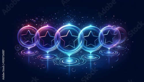 Abstract illustration of five-star rating bubbles with a digital, futuristic design. Online reviews for quality.