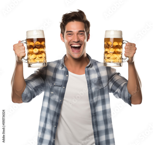 Man Holding Beer Mugs Oktoberfest Isolated on Transparent Background PNG
 photo