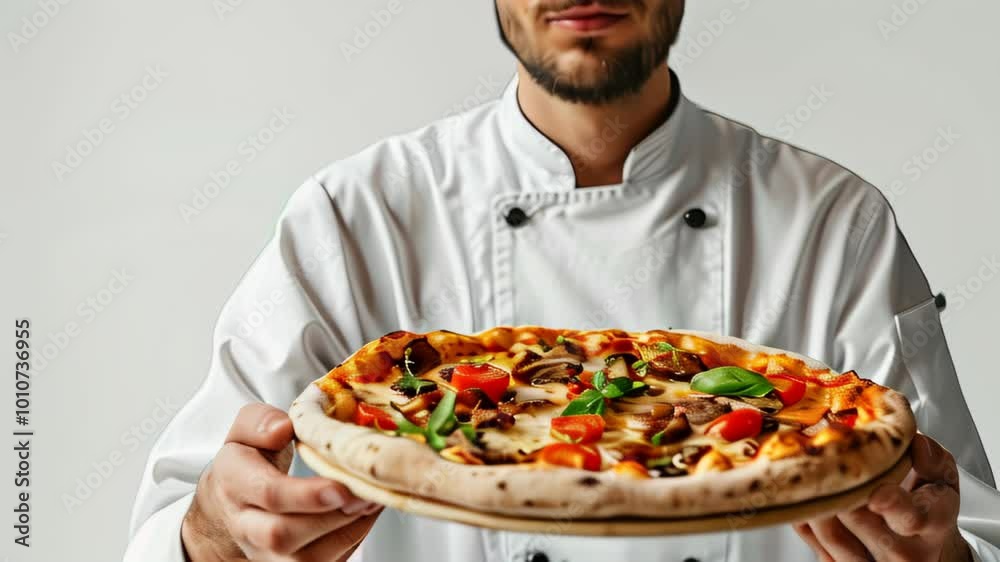 A chef presents a freshly baked Margherita pizza topped with basil and cherry tomatoes in a cozy kitchen setting A chef presents a freshly baked Margherita pizza topped with basil and cherry tomatoes in a cozy kitchen setting