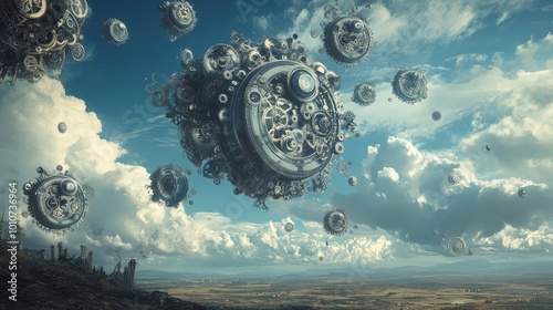 The sky is filled with enormous rotating clockwork mechanisms, their gears turning slowly over a wide horizon in a surreal, mechanical landscape.