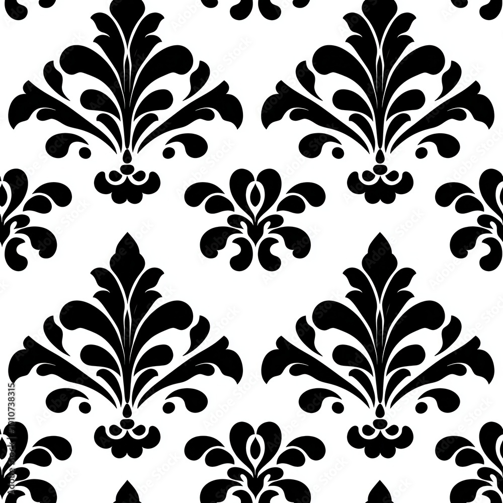 A bold black and white damask pattern featuring intricate floral motifs, perfect for elegant design projects. A bold black and white damask pattern featuring intricate floral motifs, perfect for elegant design projects.