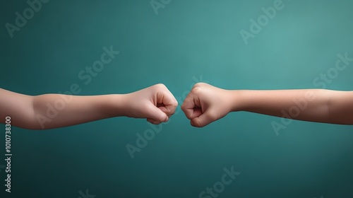 Two fists meeting in a friendly gesture against a green background. photo