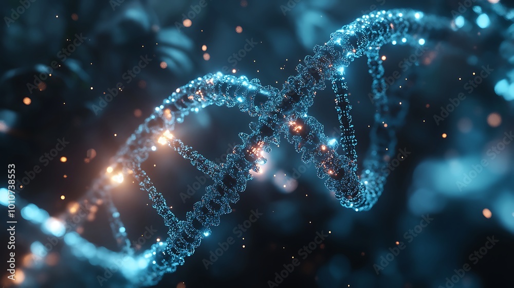 Digital representation of DNA strand enhanced by bright blue and red lights Digital representation of DNA strand enhanced by bright blue and red lights