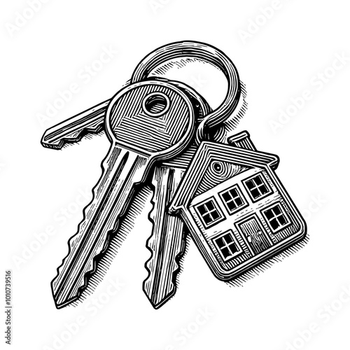 set of keys with a house-shaped keychain engraving black and white outline