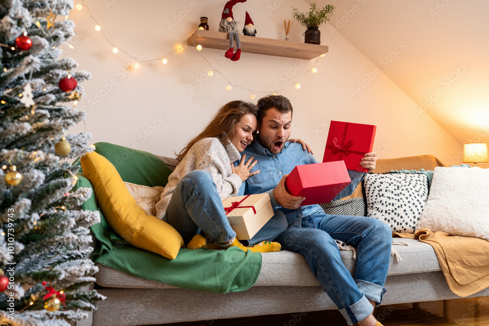 Man surprised by his Christmas gift, sitting on sofa at home with his partner during the holiday season. Man surprised by his Christmas gift, sitting on sofa at home with his partner during the holiday season.