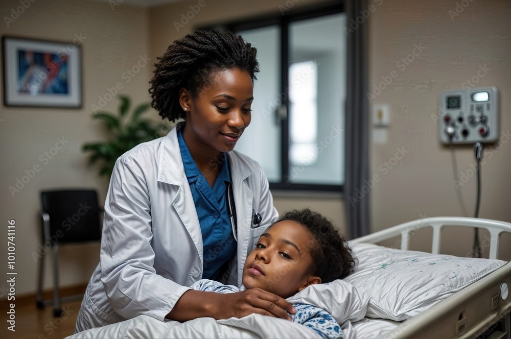 Young African-American female doctor taking care of a little girl patient in hospital Young African-American female doctor taking care of a little girl patient in hospital