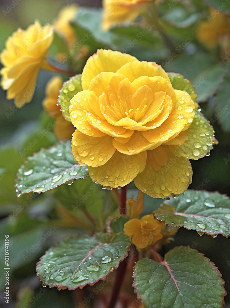 Yellow Begonia in a Dewy Garden Yellow Begonia in a Dewy Garden