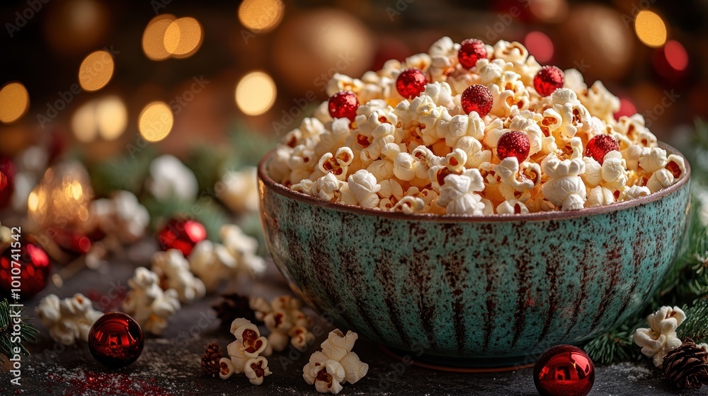 A festive bowl of popcorn with red ornaments and holiday decor. A festive bowl of popcorn with red ornaments and holiday decor.