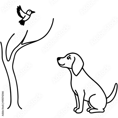 Beagle gazing at a bird in the sky vector illustration of a curious pup looking upwards
