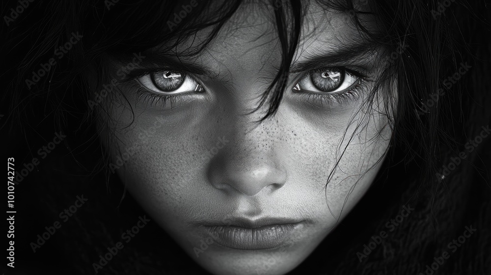 A striking black-and-white portrait of a young person with intense eyes. A striking black-and-white portrait of a young person with intense eyes.