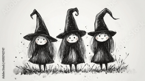 Three cute little witches, a simple drawing in ink pen sketch, in black and white, isolated on a solid background. photo