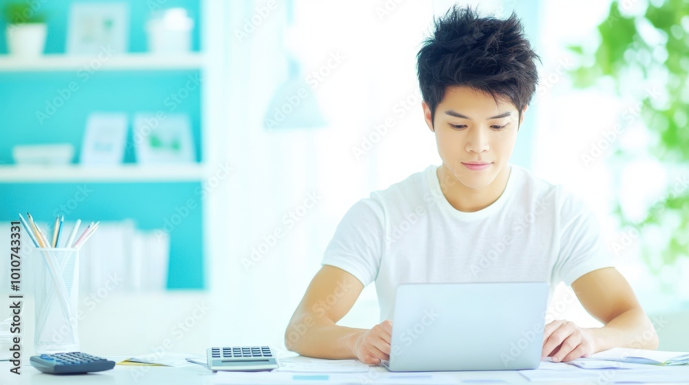Young man in a bright office setting, working on a laptop with various stationery items around him, focused on tasks. Young man in a bright office setting, working on a laptop with various stationery items around him, focused on tasks.