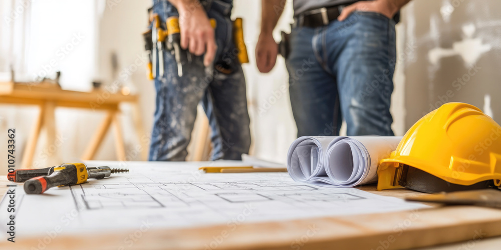 Two workers in uniform discuss a drawing during a renovation. Two workers in uniform discuss a drawing during a renovation.