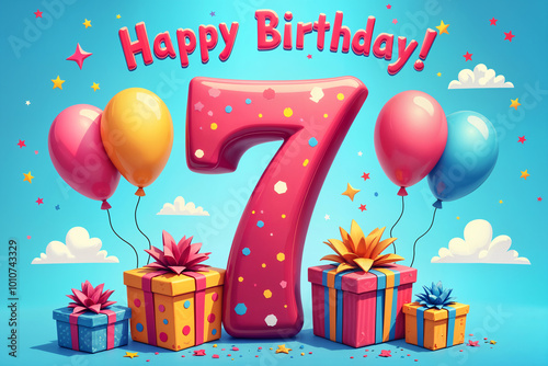 7th birthday card. Colorful and festive birthday greeting, featuring the number seven prominently surrounded by balloons and gift boxes. photo