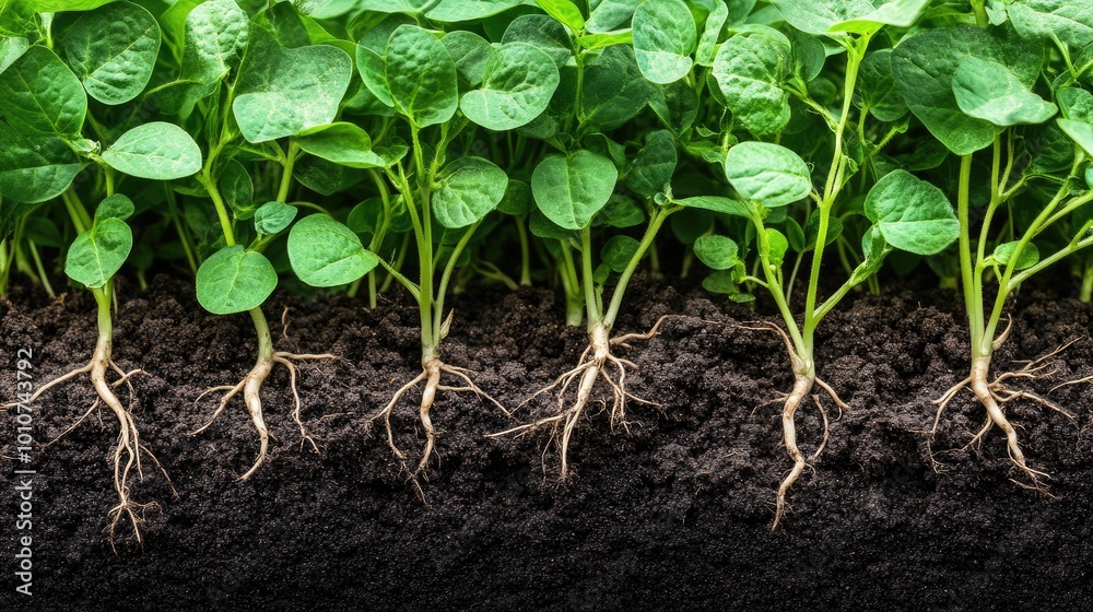Close-up view of plant roots in soil. Shows how roots grow and absorb nutrients for plant growth. Close-up view of plant roots in soil. Shows how roots grow and absorb nutrients for plant growth.