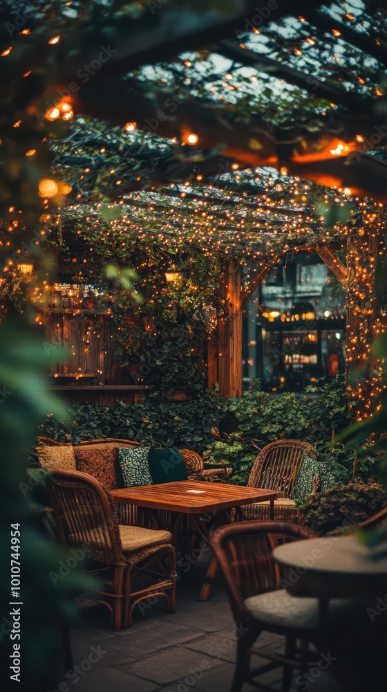 Charming courtyard cafe adorned with hanging lights, surrounded by lush greenery, creating a romantic and inviting outdoor dining experience. Charming courtyard cafe adorned with hanging lights, surrounded by lush greenery, creating a romantic and inviting outdoor dining experience.