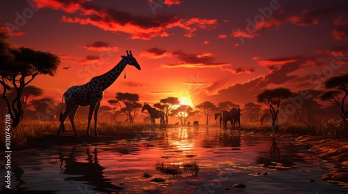 Giraffes and Zebras at Sunset