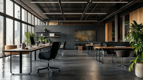 Spacious office with gray tones  dark wood  natural light  ergonomic furniture  and inspiring decor.