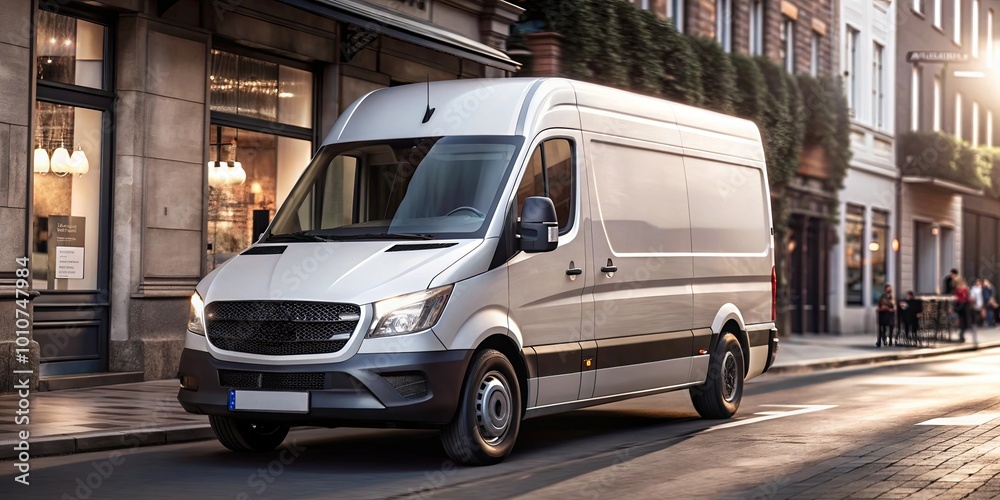 A white van is driving down a street with a few people walking around A white van is driving down a street with a few people walking around