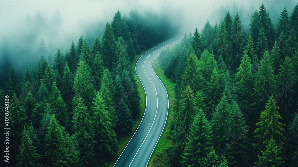 A foggy road winding through a dense forest, with the destination obscured by the mist, symbolizing uncertainty and risk.