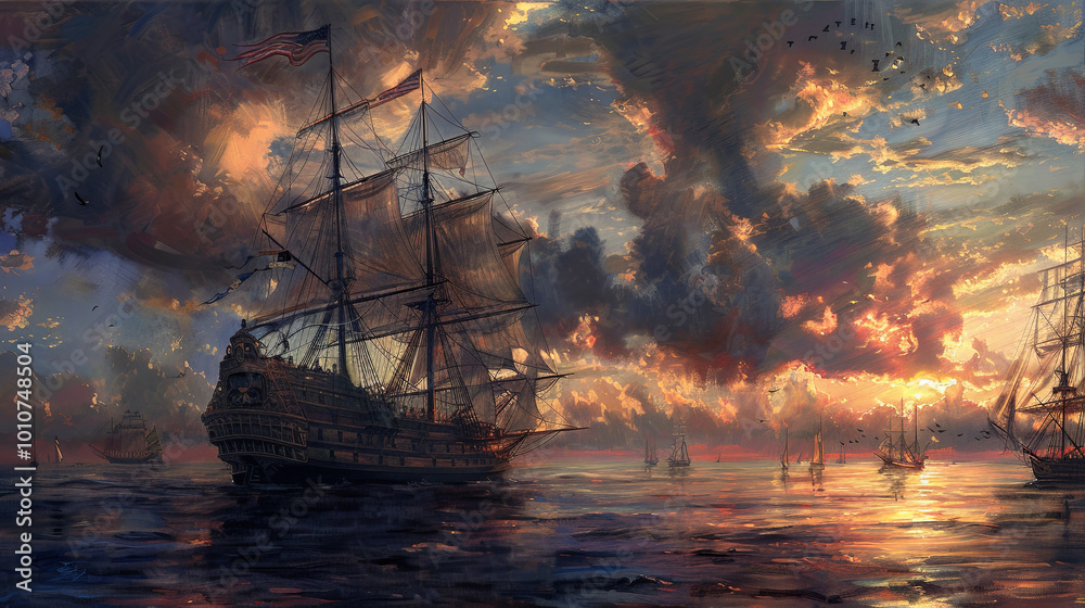 Obraz premium American Ship Sailing at Sunset, Oil Painting for Print with Vibrant Skies and Calm Waters