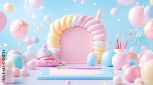 A whimsical pastel scene featuring a colorful candy arch, fluffy clouds, and playful decorations, perfect for a festive celebration.