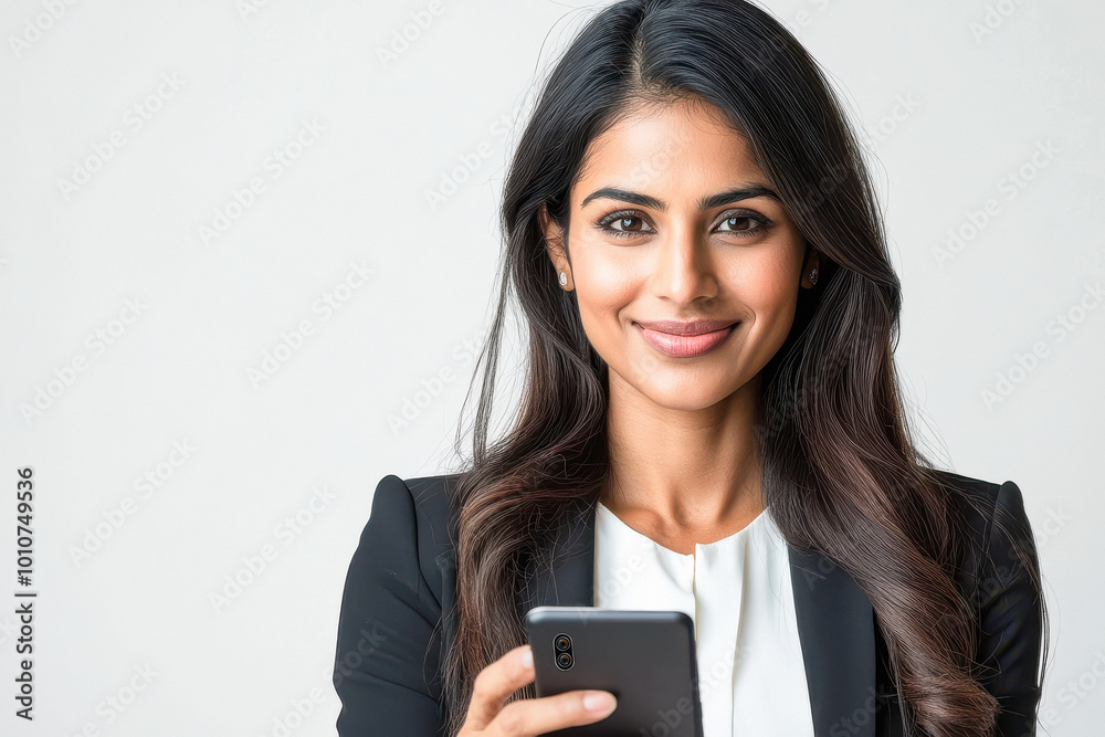 young indian business woman using smartphone on white background young indian business woman using smartphone on white background