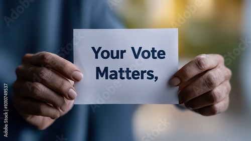 A person holds a sign that reads "Your Vote Matters," emphasizing the importance of participation in democratic processes.