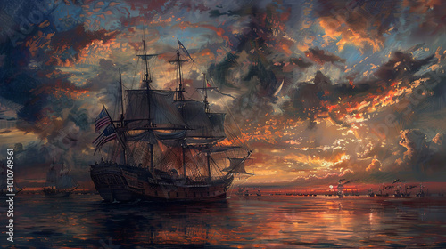 American Warship at Sunset, Oil Painting for Print with Dramatic Skies and Reflections