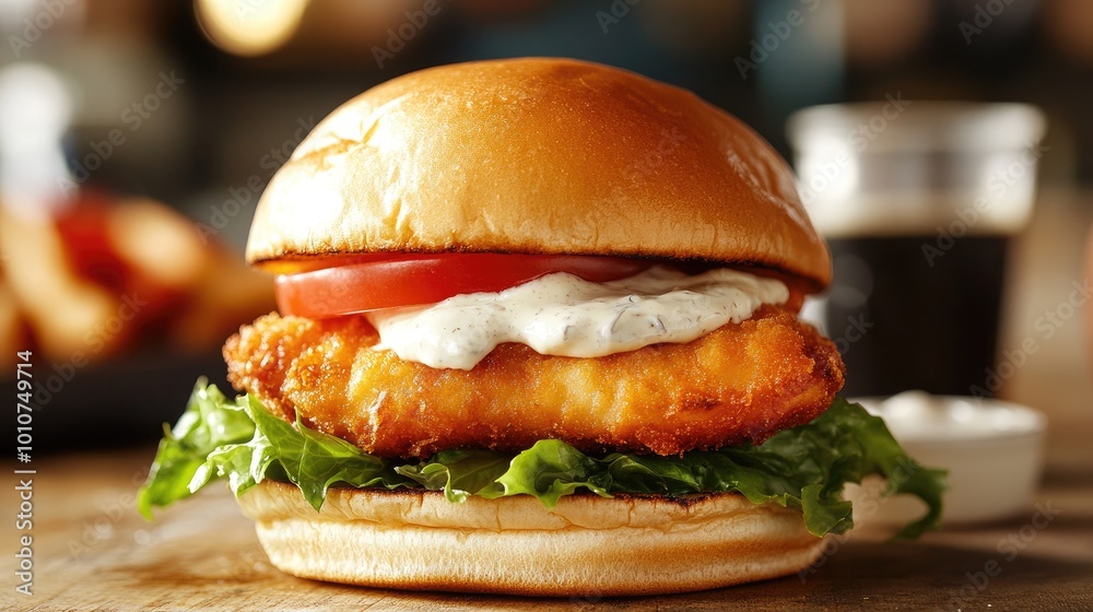 A delicious-looking fish burger with lettuce and tomato. This photo is perfect for promoting a fish sandwich or a restaurant that serves fish. A delicious-looking fish burger with lettuce and tomato. This photo is perfect for promoting a fish sandwich or a restaurant that serves fish.