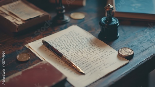 Vintage Desk with Handwritten Notes and Antique Accessories