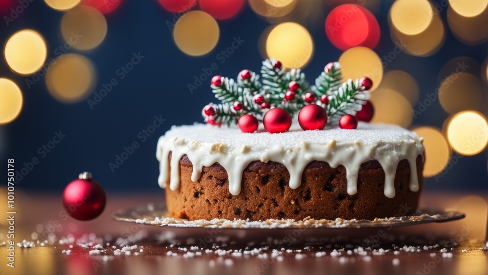 Christmas cake with white frosting and red balls, bokeh background