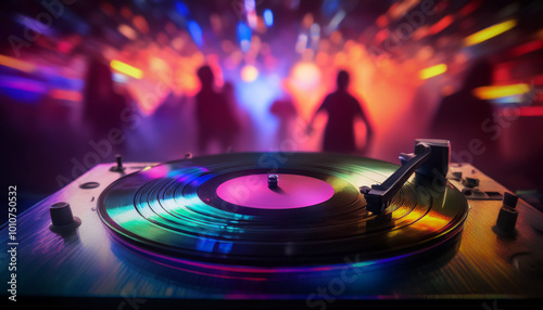 disque vinyle dj remix et lumière de scène colorée de discothèque
