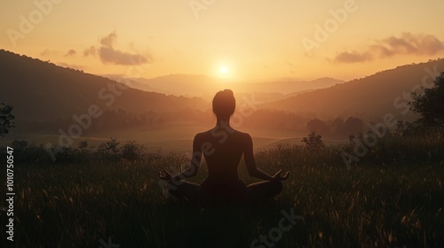 Woman Meditating in Peaceful Nature During Golden Hour - Made with Generative AI