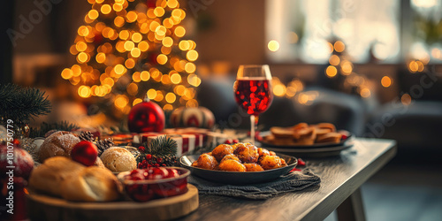 Festive christmas table setting is illuminated by the warm glow of burning candles, with a sparkling christmas tree in the background. Banner