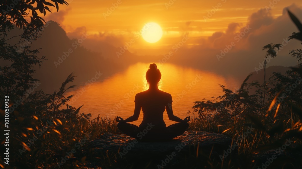 Golden Hour Meditation with a Stunning Sun in the Background - Made with Generative AI Golden Hour Meditation with a Stunning Sun in the Background - Made with Generative AI
