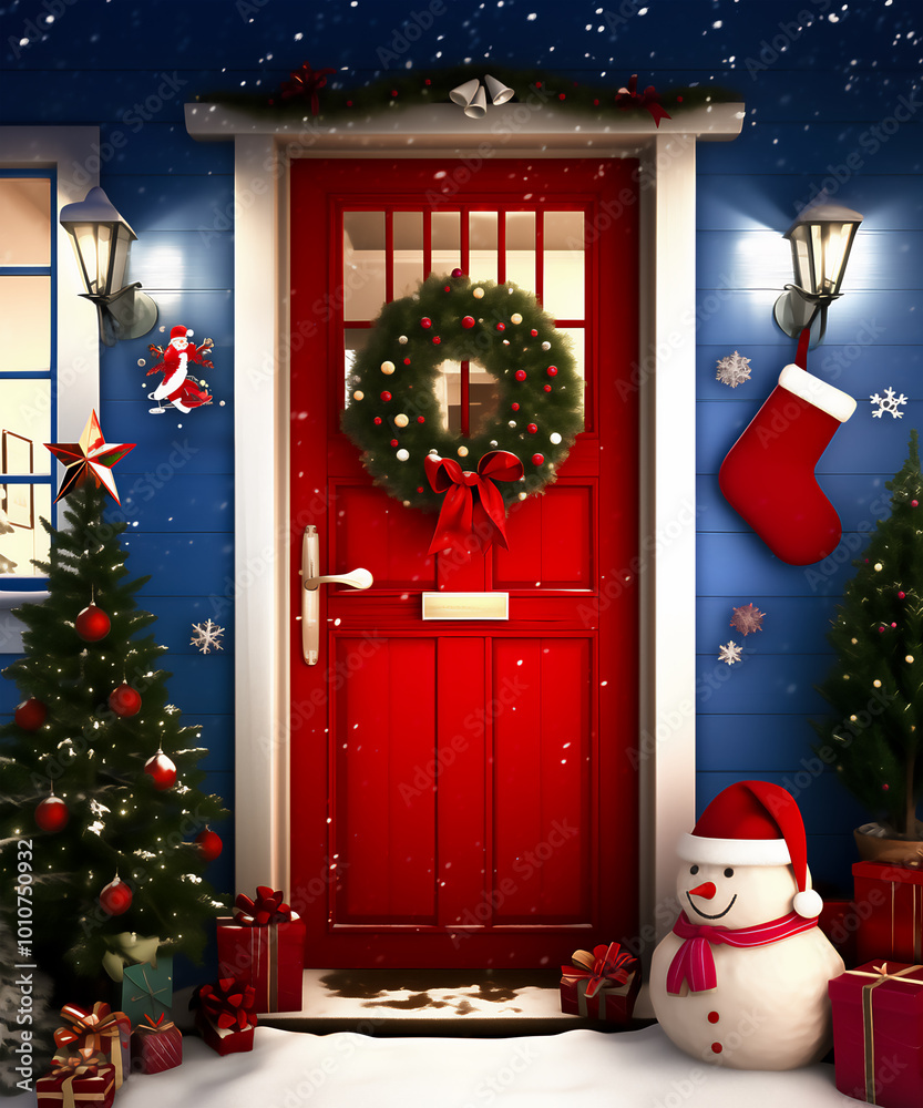 Fototapeta premium red christmas door and snowman