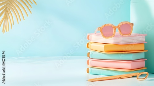 A vibrant summer scene featuring stacked colorful books, stylish sunglasses, and tropical leaves against a pastel backdrop. photo