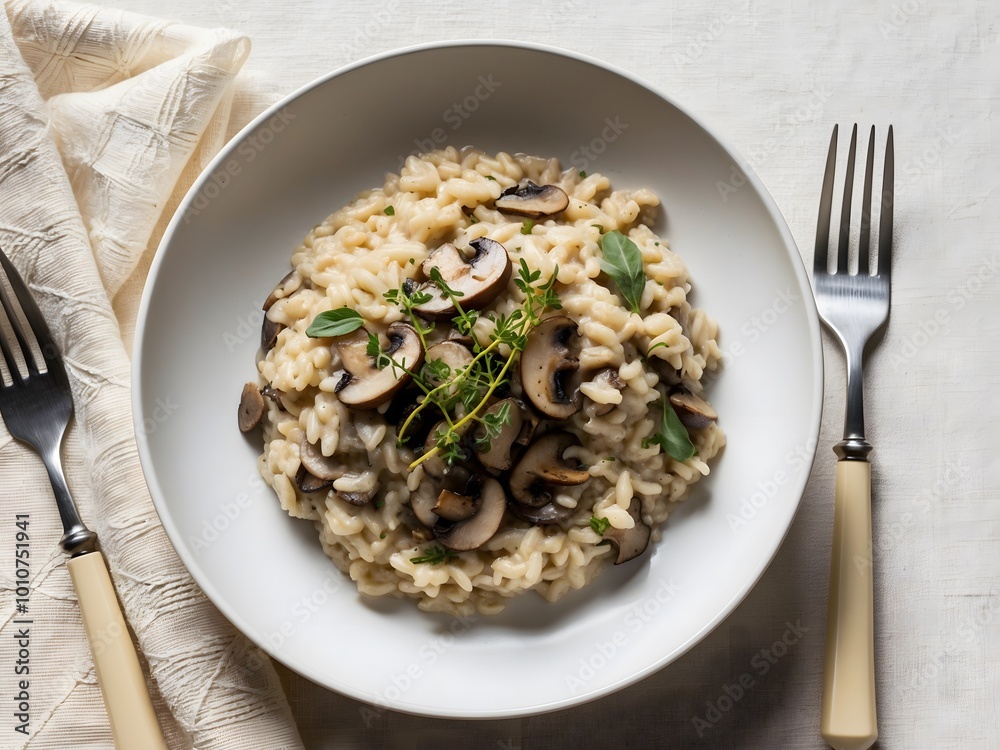 Italian Food. Delicious risotto with mushrooms in plate. Rice porridge with fungus and tmyne. Ai Generative. Italian Food. Delicious risotto with mushrooms in plate. Rice porridge with fungus and tmyne. Ai Generative.