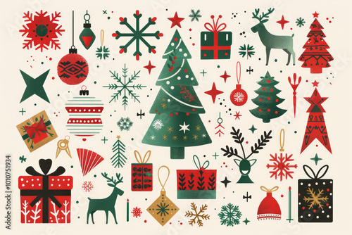 Christmas and Happy New Year postcard template. Trendy retro style. Wishing you a Merry Christmas greeting design in vintage postcard 3D lettering style with detailed Holiday scenes in each letter