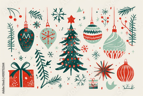 Winter Holiday Celebration Vintage Greeting Card. 1950s-1960s Mid Century Modern Christmas And New Year Decoration Poster