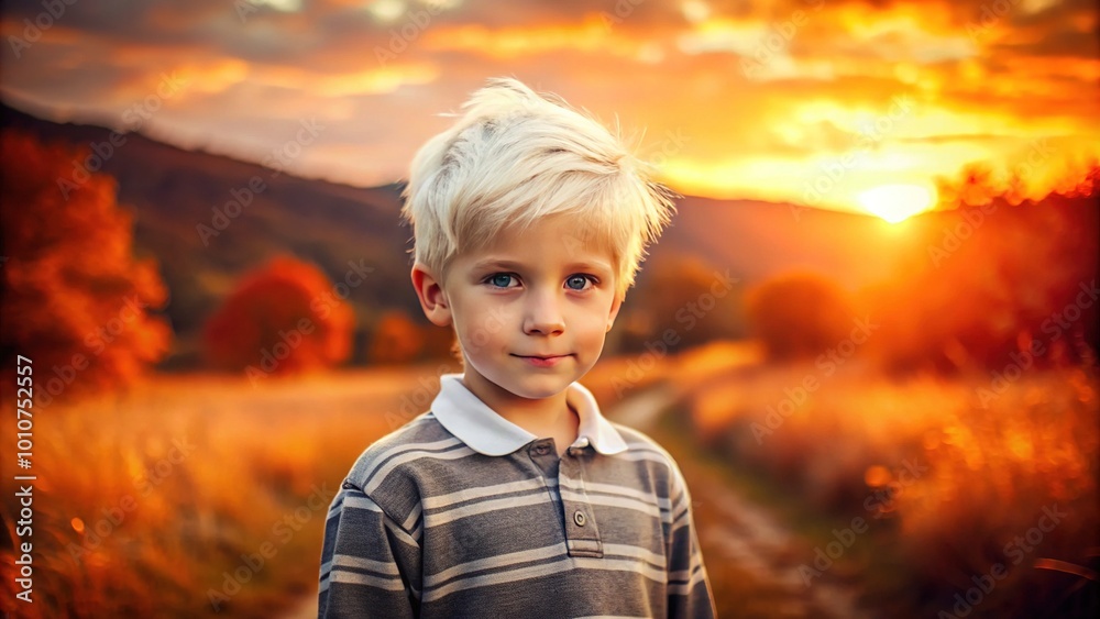 Beneath a radiant orange backdrop, a boy with short white hair stands bright and bold, embodying innocence and curiosity in a vivid, cheerful scene. Beneath a radiant orange backdrop, a boy with short white hair stands bright and bold, embodying innocence and curiosity in a vivid, cheerful scene.