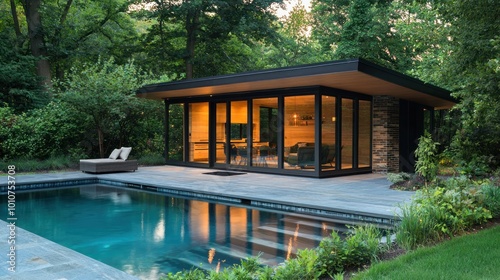 Tiny pool house featuring compact spaces and modern amenities.