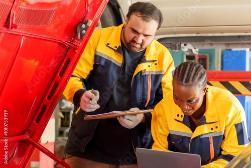 Two mechanics in yellow uniforms working on car diagnostics in automotive workshop, one using laptop while other holds clipboard, demonstrating teamwork and use of technology in modern car repairs.